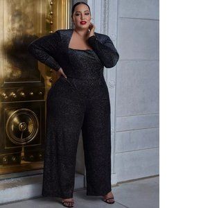 new ELOQUII strong shoulder sparkle stretch velvet jumpsuit 22